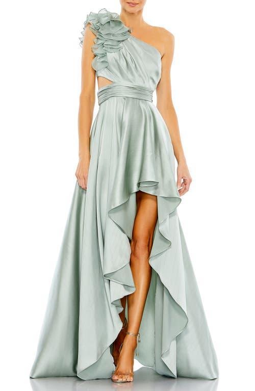 Mac Duggal Satin Ruffle Asymmetrical Neck Sleeveless Side Cut-Out High Product Image