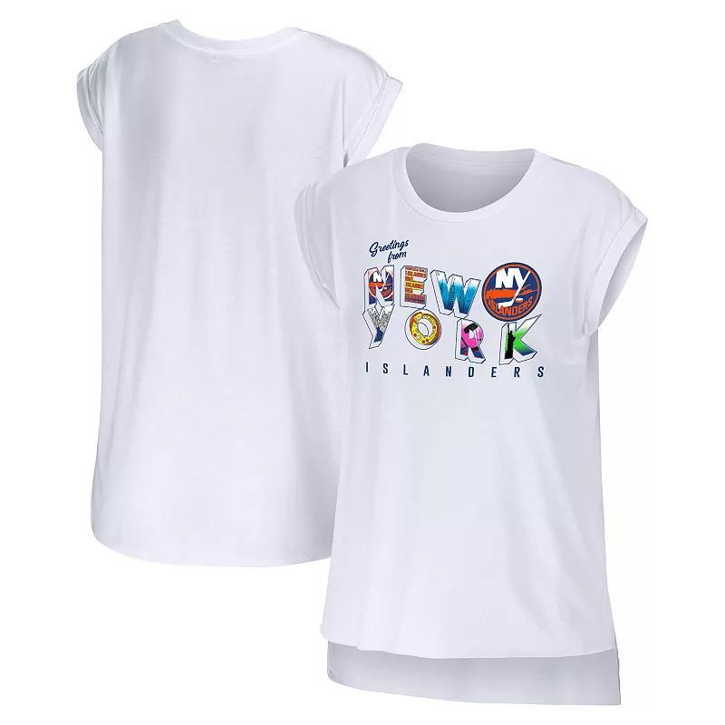 Womens WEAR by Erin Andrews White New York Islanders Greetings From Muscle T-Shirt Product Image