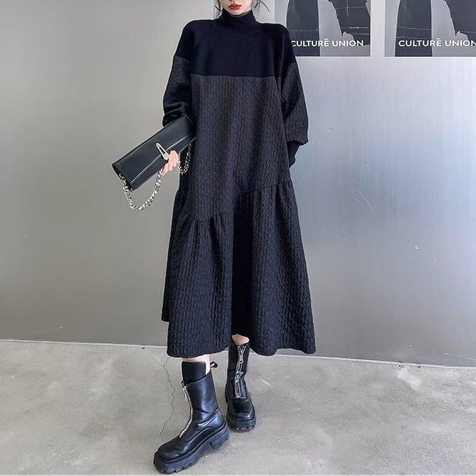 Long Sleeve Mock Neck Plain Panel Midi A-Line Dress Product Image