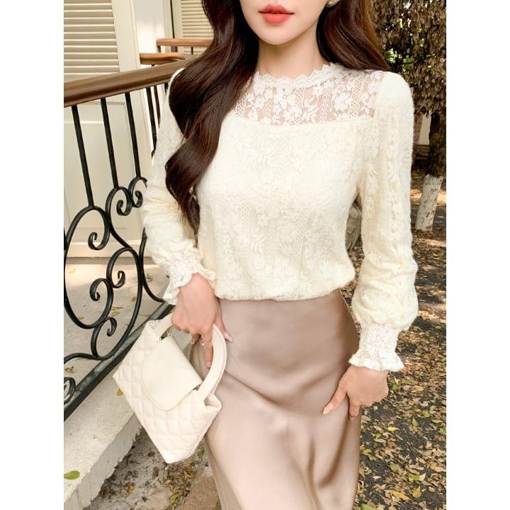 Long Sleeve Stand Collar Plain Lace Blouse Product Image