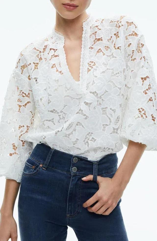 ALICE AND OLIVIA Aislyn Floral Lace Puff Sleeve Blouse In Off White Product Image