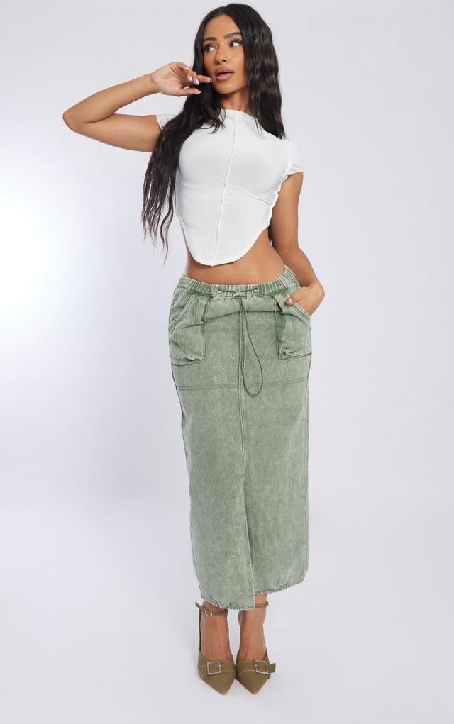 Petite Washed Green Denim Cargo Midi Skirt Product Image