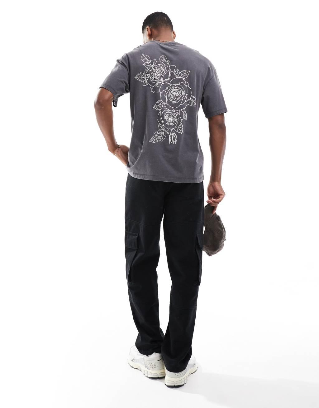 ADPT oversized rose back print t-shirt in dark gray  Product Image