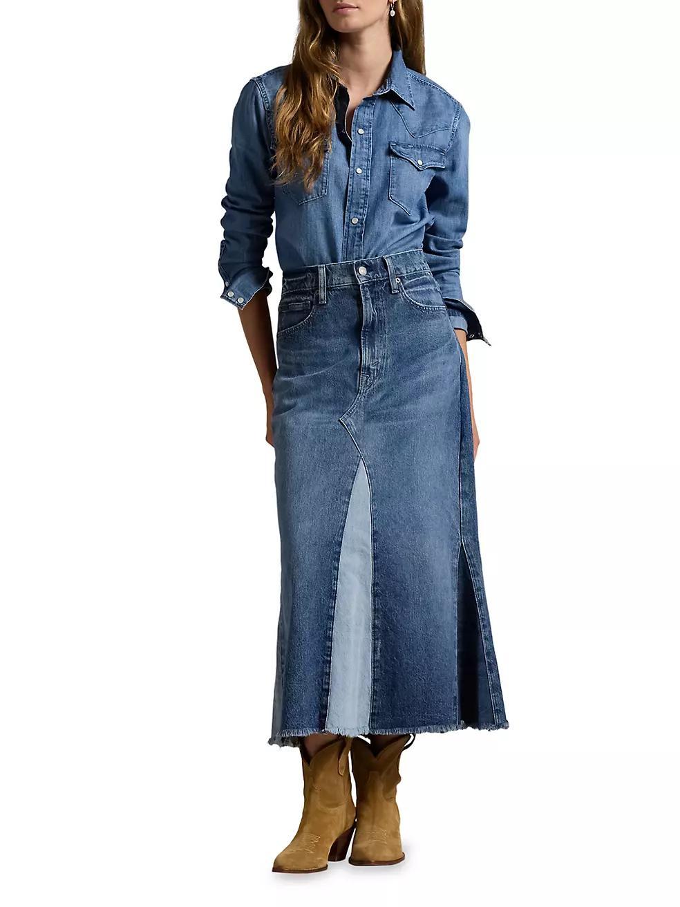 Deconstructed Patchwork Denim Midi-Skirt Product Image