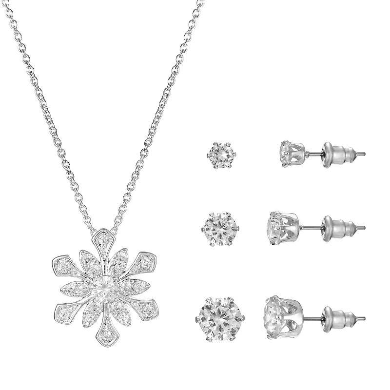 Silver Tone Cubic Zirconia Necklace & Stud Earrings Trio Set, Womens, Size: 18+3, Silver Tone Clear Product Image