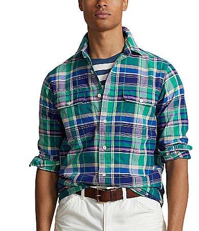 Polo Ralph Lauren Classic Fit Plaid Oxford Long Sleeve Workshirt Navy Multi) Men's Short Sleeve Knit Product Image