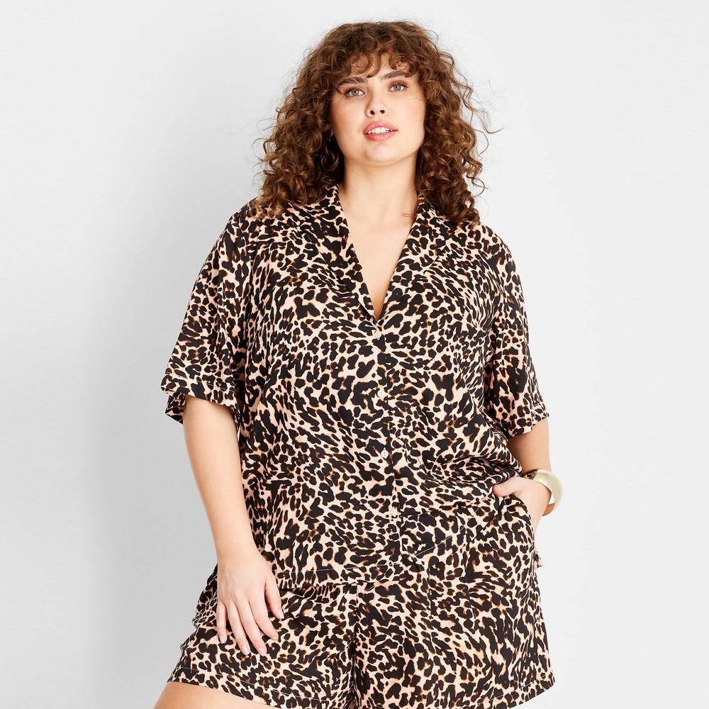 Womens Short Sleeve Resort Shirt - Future Collective with Jenee Naylor Brown Leopard Print 3X Product Image