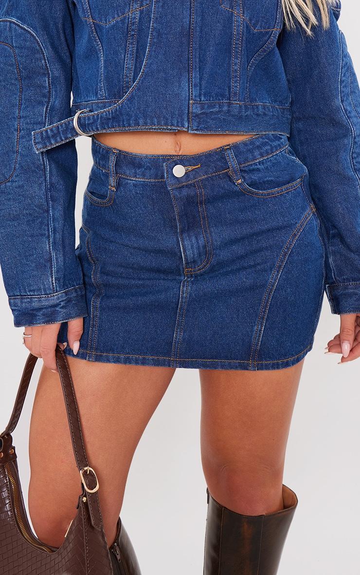 Indigo Vintage Wash Seam Detail Denim Mini Skirt Product Image