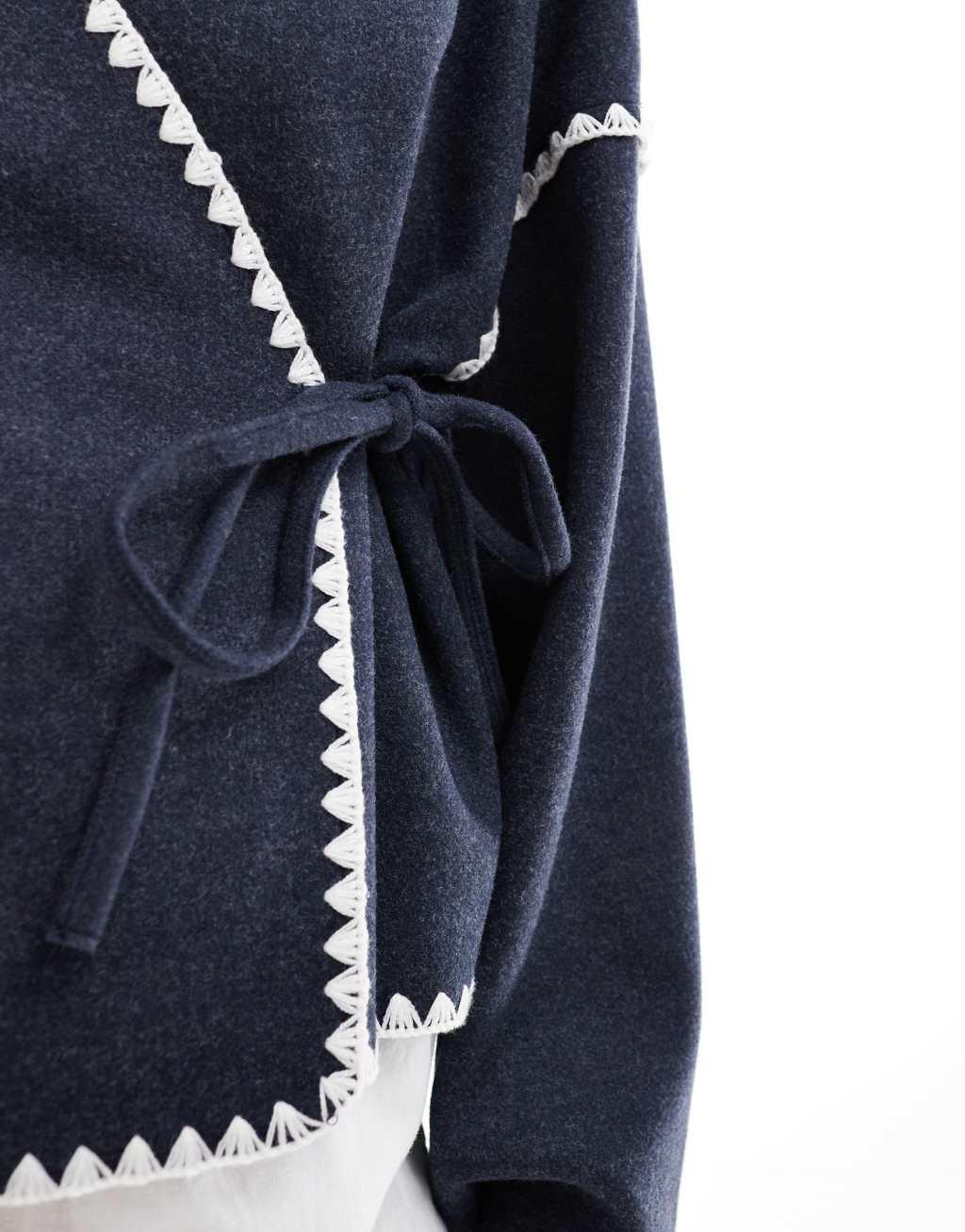 Vila wrap front cardigan with contrast stitch in Navy Product Image