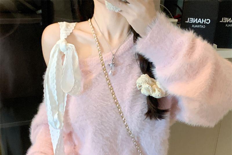 Asymmetrical Neck Cold-Shoulder Bow Fluffy Sweater Product Image