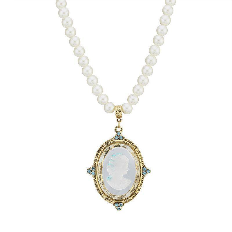 1928 Gold Tone Simulated Pearl & Pink Intaglio Cameo Pendant Necklace, Womens Product Image