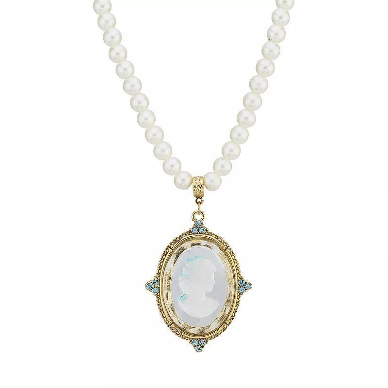 1928 Gold Tone Simulated Pearl & Blue Intaglio Cameo Pendant Necklace, Womens Product Image