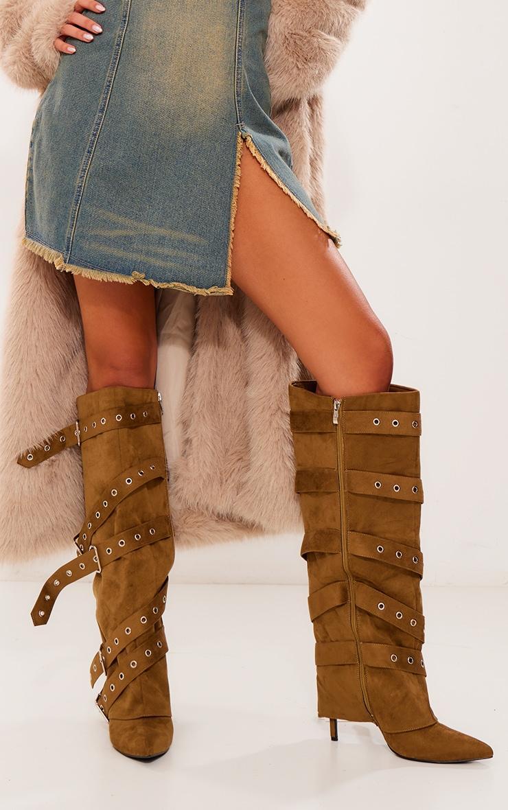 Olive Faux Suede Point Toe Fold Over Buckle Strap Knee High Heeled Boots Product Image