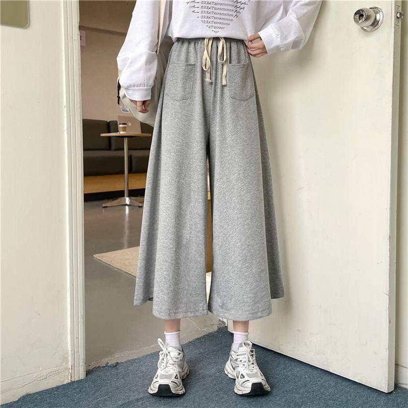 Drawstring Waist Plain Capri Wide Leg Pants Product Image