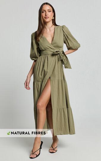 Penelope Wrap Front Puff Sleeve Midi Dress in Olive Product Image