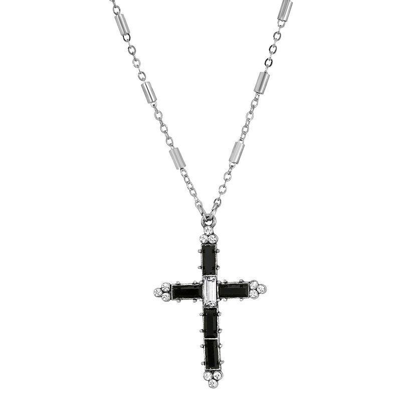 Symbols of Faith Silver-Tone Crystal Cross Necklace, Womens, Black Product Image