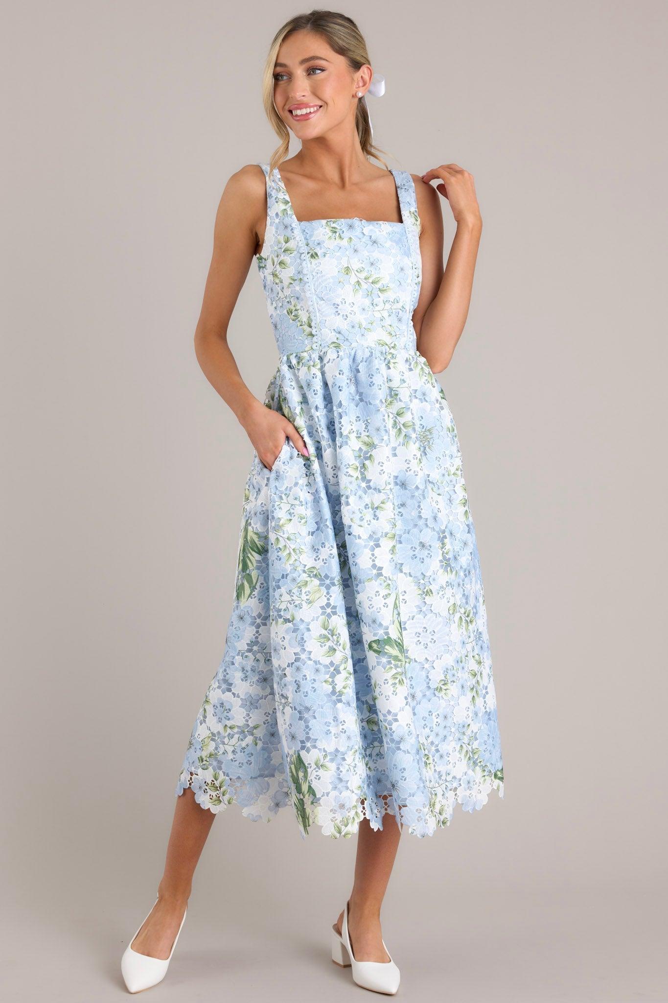 Finding My Peace Sky Blue Floral Embroidered Midi Dress Product Image