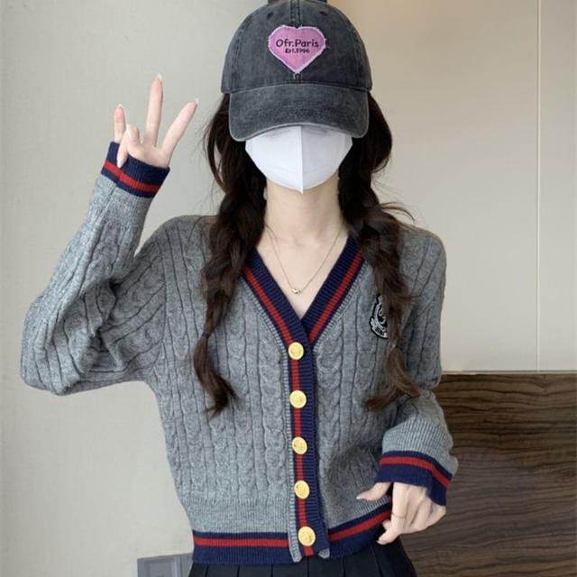 V-Neck Striped Cable Knit Cardigan Product Image