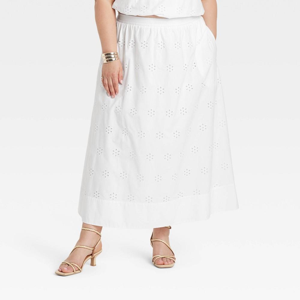 Womens Eyelet Midi A-Line Skirt - A New Day White Product Image