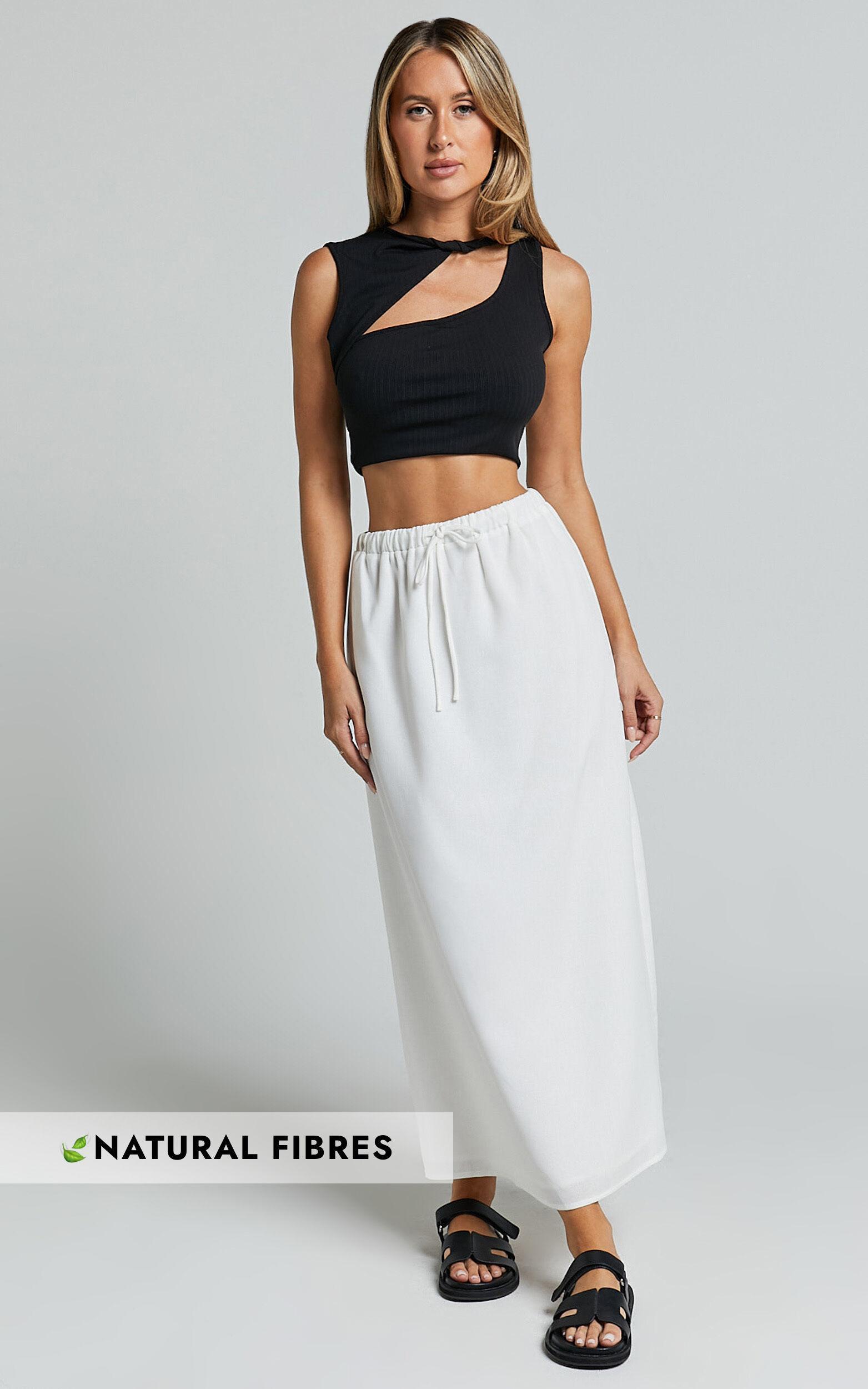 Bree Midi Skirt - Tie Waist Linen Look A Line Skirt in White Product Image