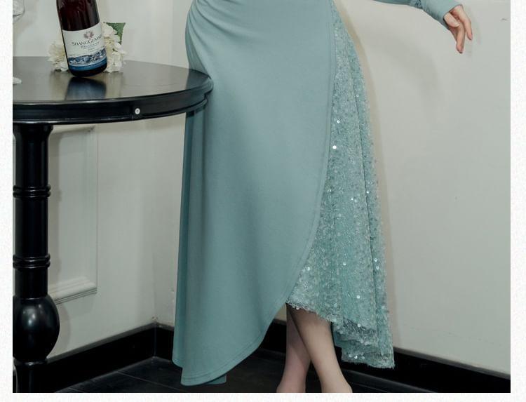 Long Sleeve Square Neck Plain Sequin Panel Asymmetrical Midi A-Line Dress Product Image