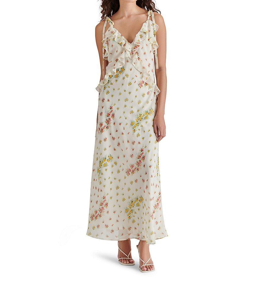 Steve Madden Adalina Floral V Neck Sleeveless Tie Strap Ruffle Maxi Dress Product Image