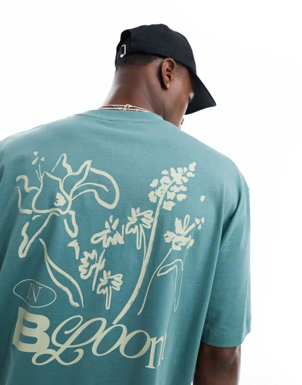 ASOS DESIGN oversized t-shirt in green with floral back print Product Image