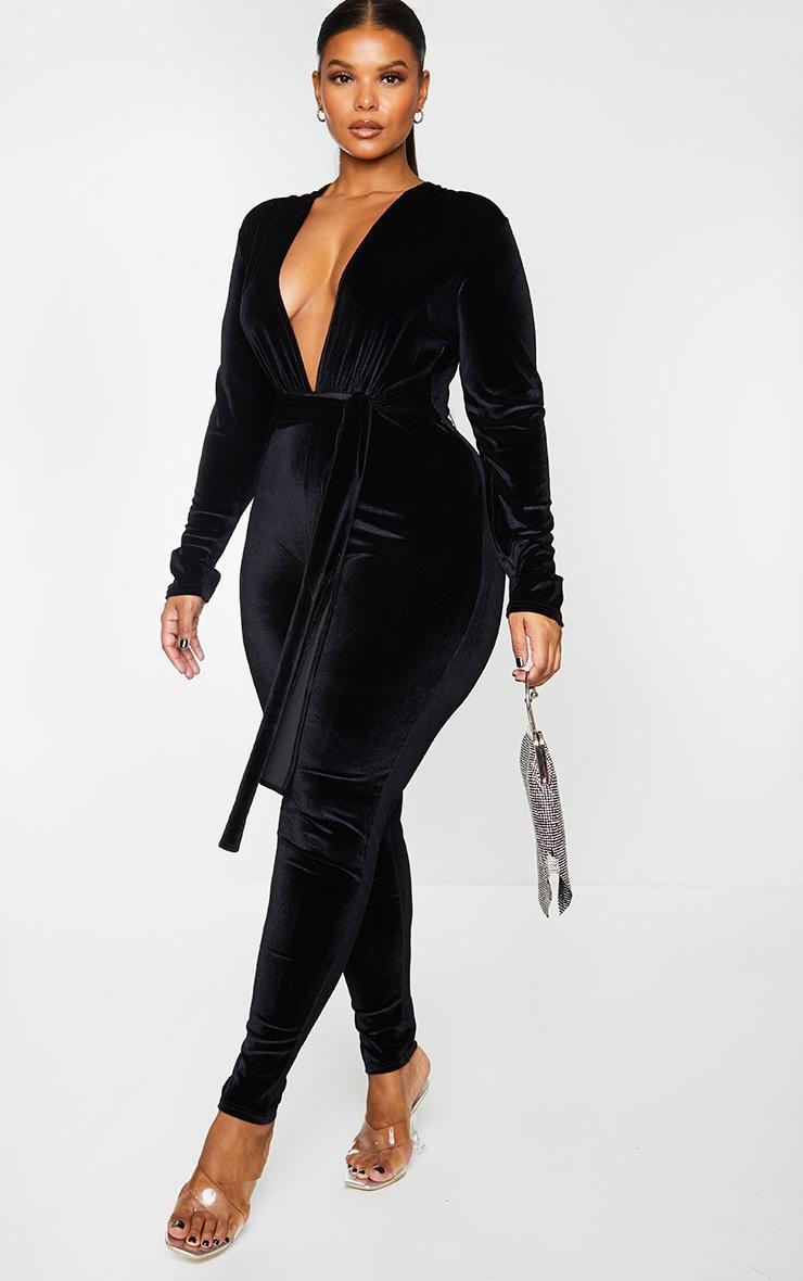 Plus Black Velvet Deep Plunge Tie Waist Jumpsuit Product Image