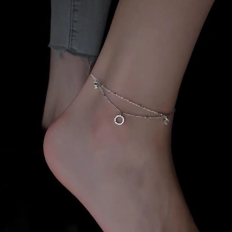 925 Sterling Silver Rhinestone Layered Anklet Product Image