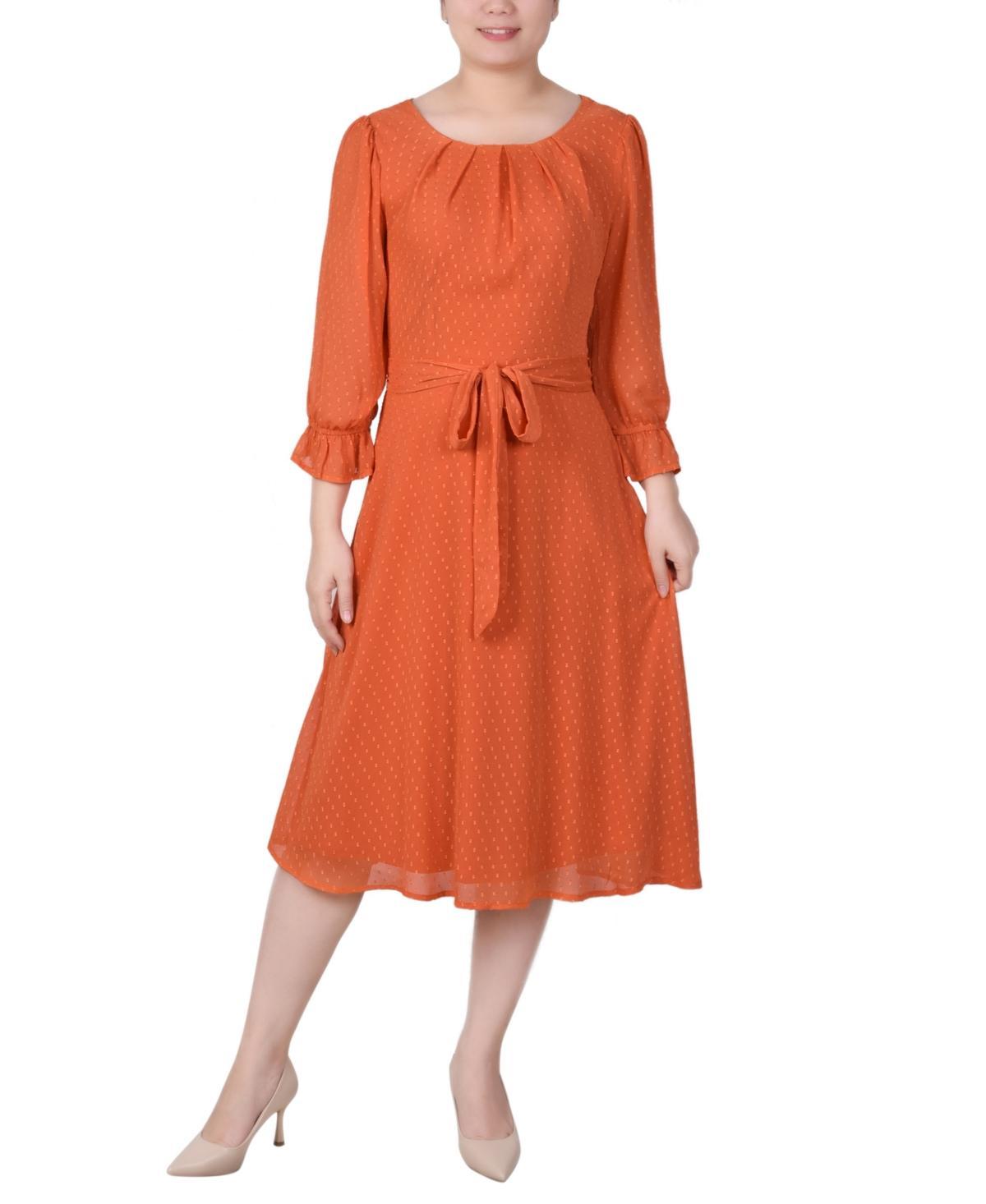 Womens 3/4 Sleeve Belted Swiss Dot Dress Product Image