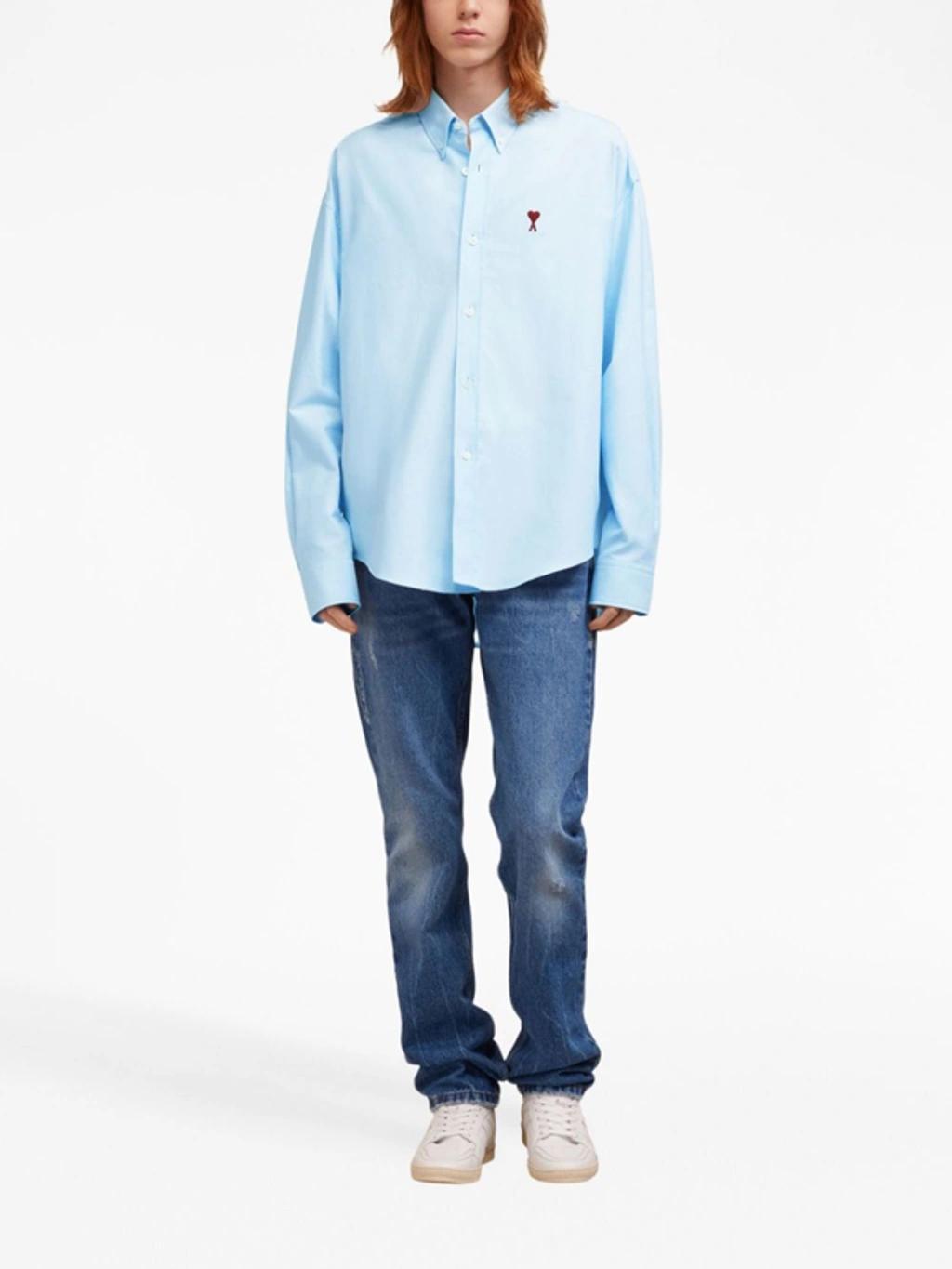 AMI ALEXANDRE MATTIUSSI Logo-embroidered Poplin Shirt In Blue Product Image