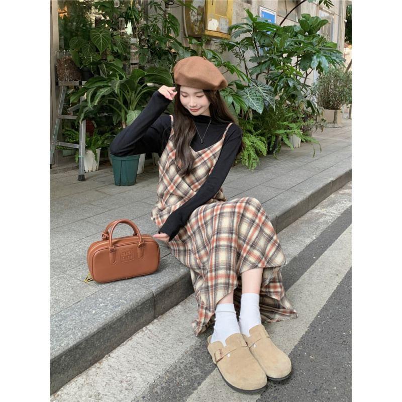 Long-Sleeve Mock Neck Plain Slim Fit Tee / Plaid Midi A-Line Jumper Dress Product Image