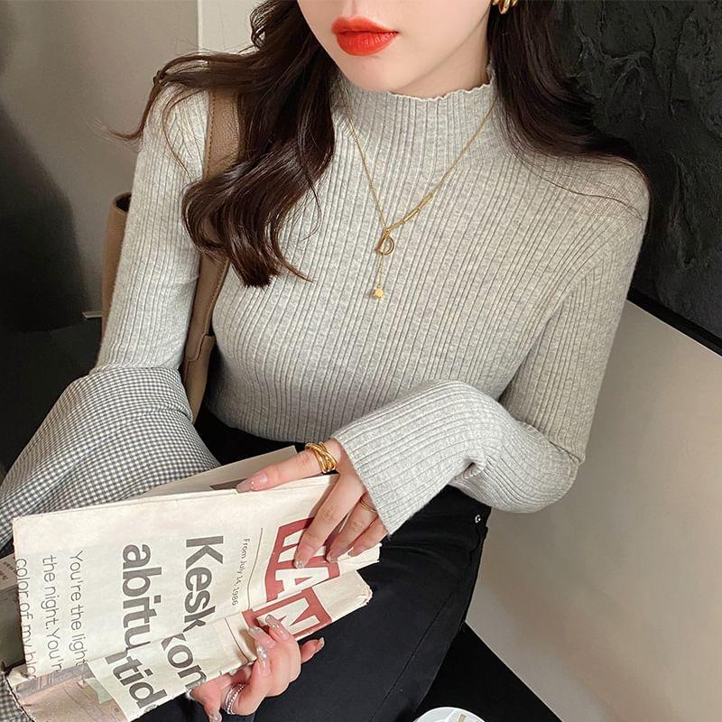 Long-Sleeve Mock Neck Plain Ribbed Slim Fit Knit Top Product Image