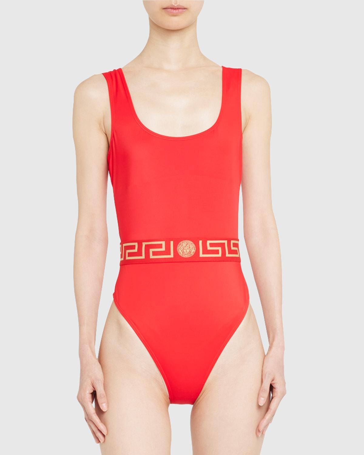 Womens Greek Key Belt One-Piece Swimsuit Product Image