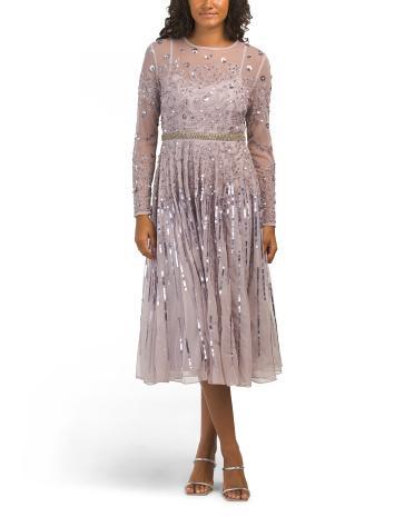 Sequin Scroll Illusion Midi Dress With Rhinestone Belt for Women | Polyester product image