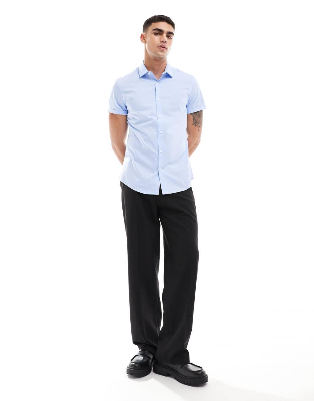 ASOS DESIGN 2 pack stretch slim fit work shirt in white/blue Product Image