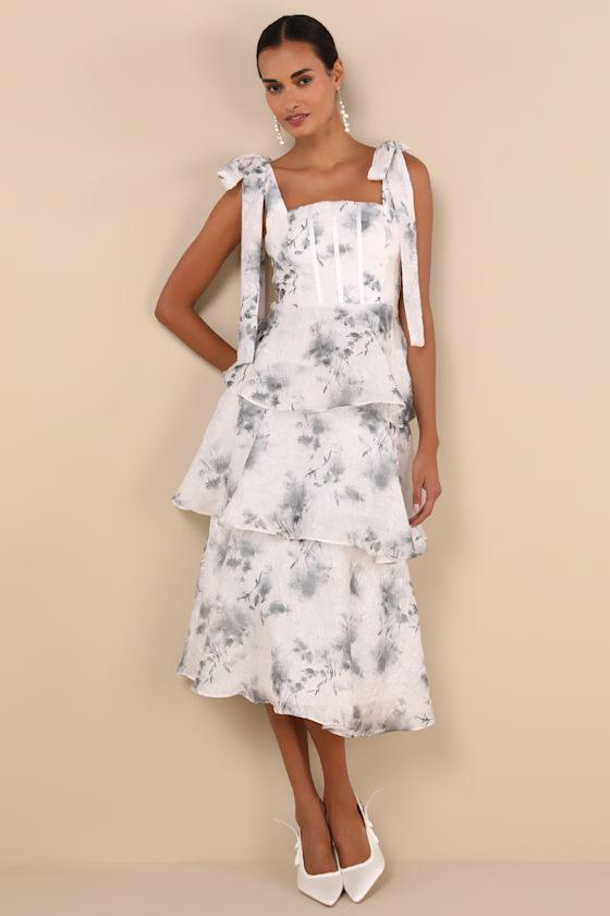 Compellingly Gorgeous Ivory Floral Tiered Tie-Strap Midi Dress product image