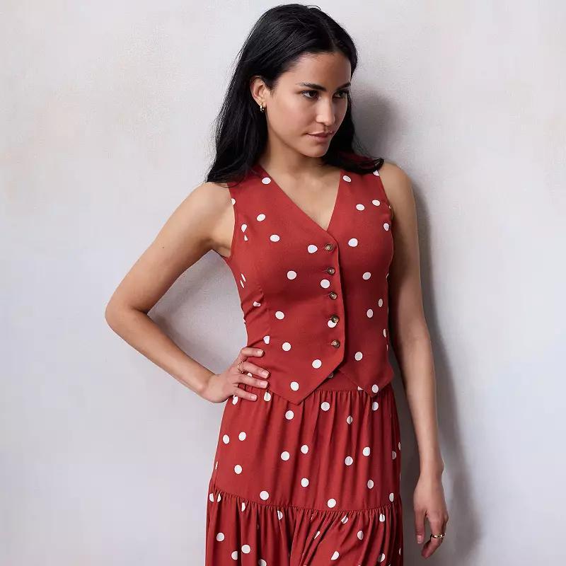 Womens LC Lauren Conrad Sleeveless Button Front Vest Red Randy Dots Product Image