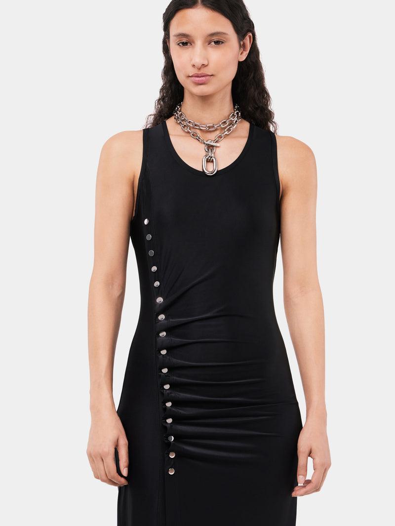 Sleeveless black drappé pression dress Product Image