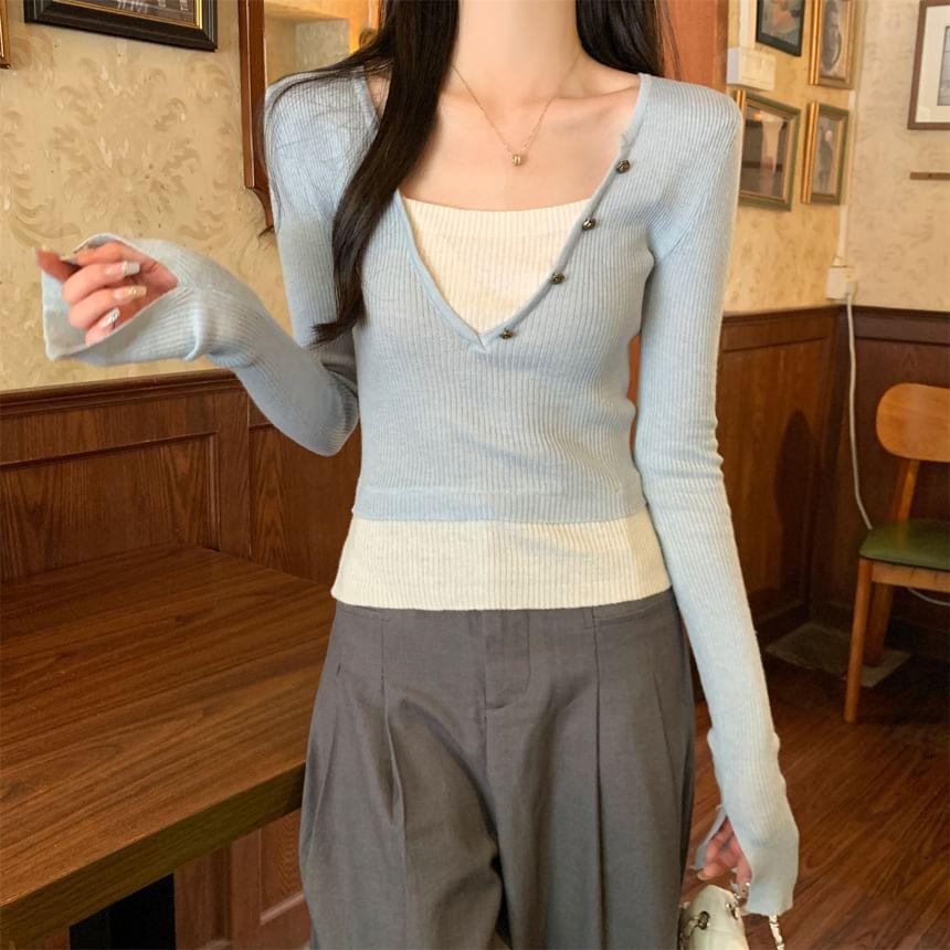 Long Sleeve V-Neck Mock Two Piece Ribbed Knit Top Product Image