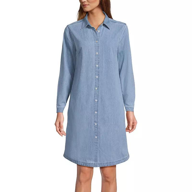 Womens Lands End Womens Chambray Button Front Knee Length Dress Light Wash Blue Product Image