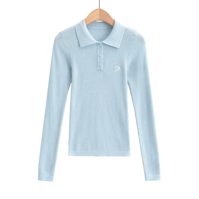 Long Sleeve Polo Collar Letter Embroidery Ribbed Knit Top Product Image