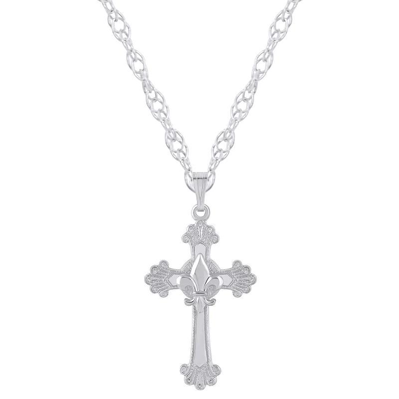 Sterling Silver Fleur De Lis Cross Pendant Necklace, Womens White Product Image