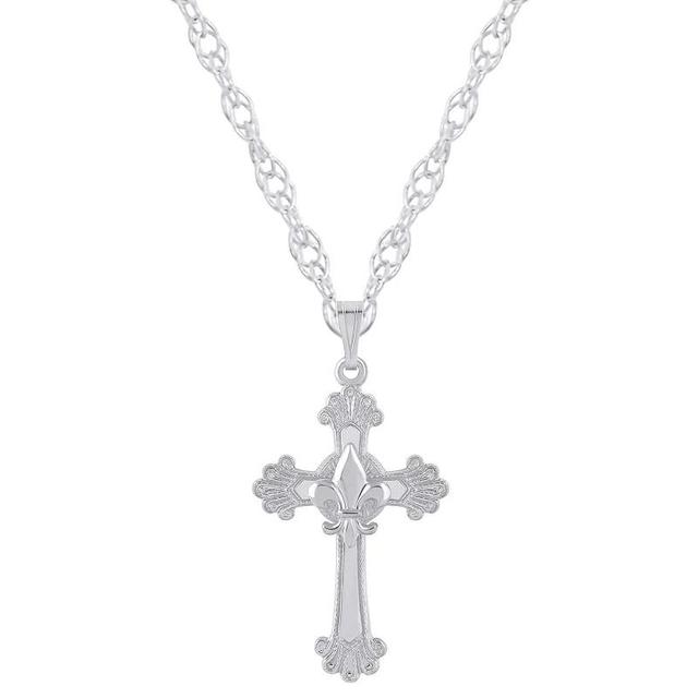 Sterling Silver Fleur De Lis Cross Pendant Necklace, Womens White Product Image