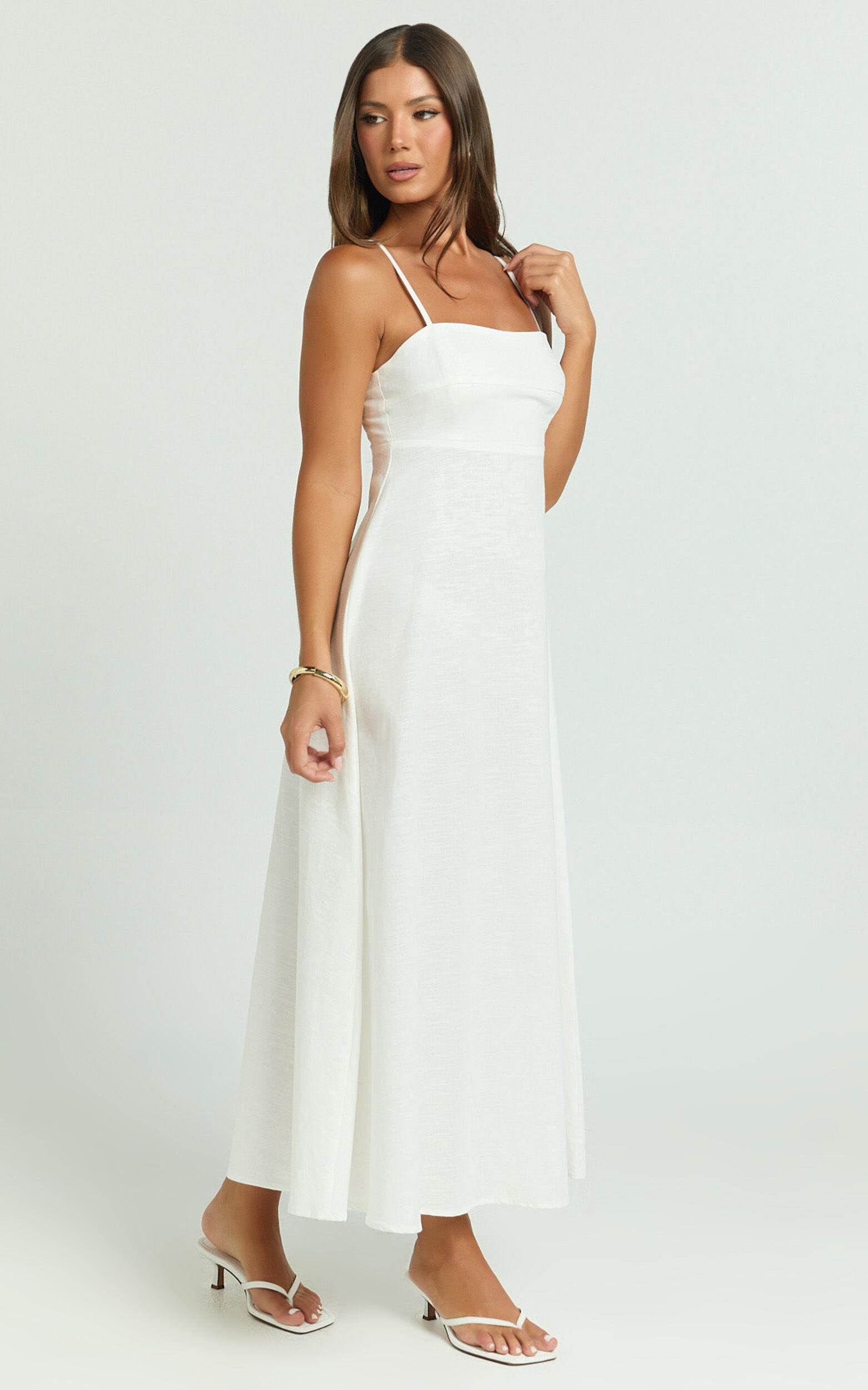 Brette Midi Dress - Linen Look Straight Neck Strappy Fit And Flare Dress in White Product Image