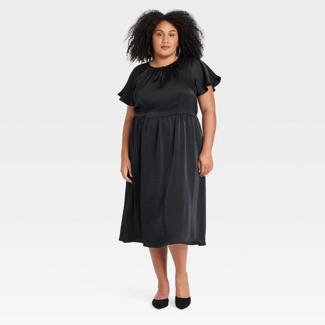 Womens Flutter Short Sleeve Satin Midi A-Line Dress - Ava & Viv Black XXL Product Image