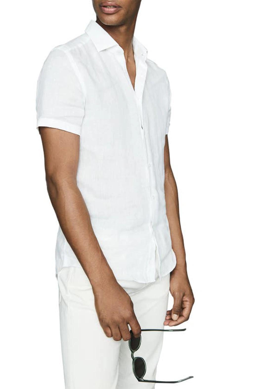 REISS Holiday Linen Short Sleeve Regular Fit Button Down Shirt In White Product Image