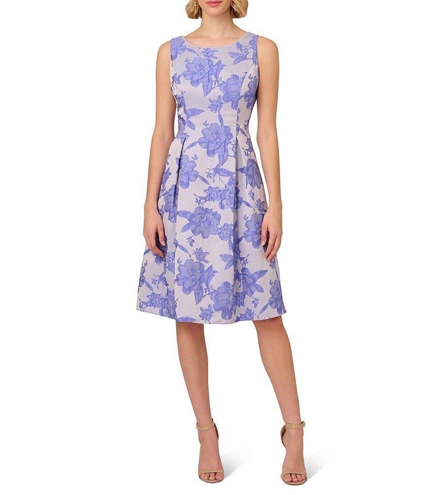 Adrianna Papell Jacquard Floral Beaded Boat Neck Sleeveless Pleated A-Line Dress Product Image