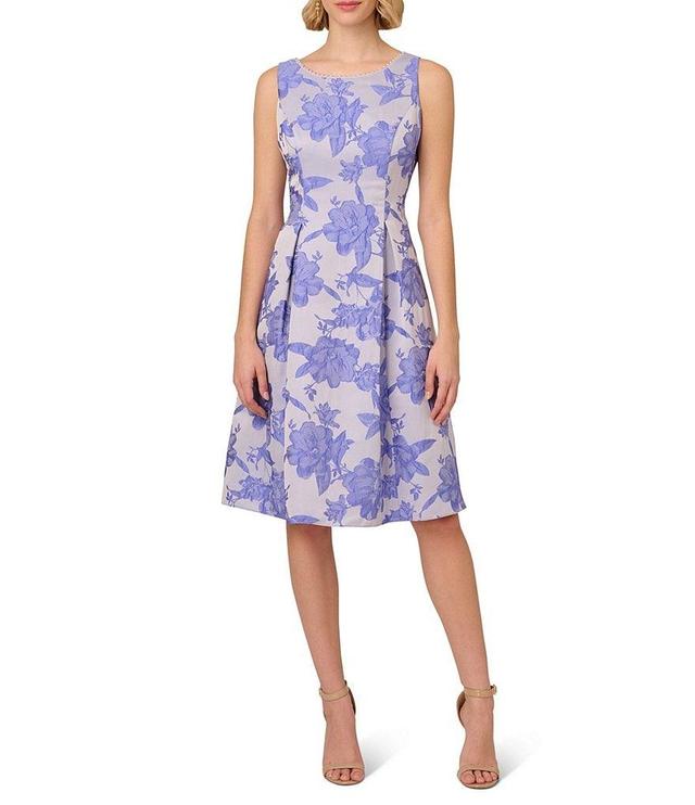 Adrianna Papell Jacquard Floral Beaded Boat Neck Sleeveless Pleated A-Line Dress Product Image