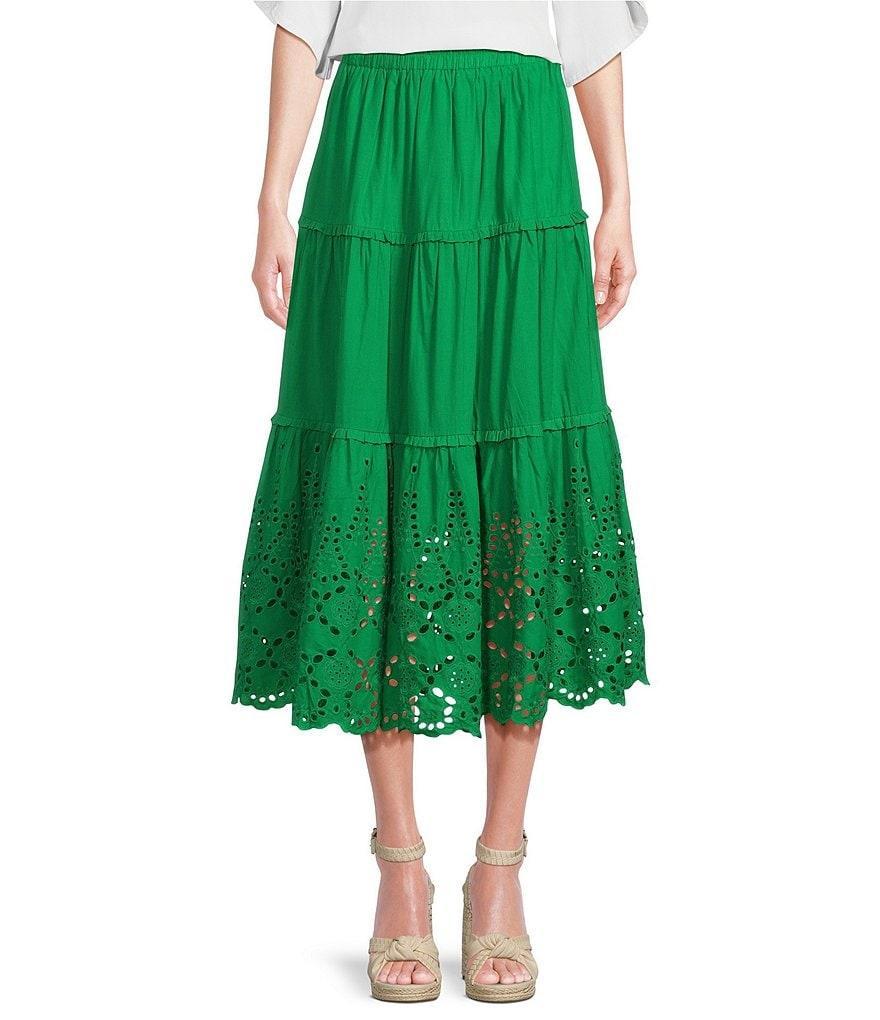 Calessa Tiered Border Embroidery Pull-On Midi Skirt product image